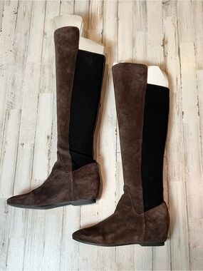 Nine West Brown Suede Knee High Stretch Wedge Boots 12M